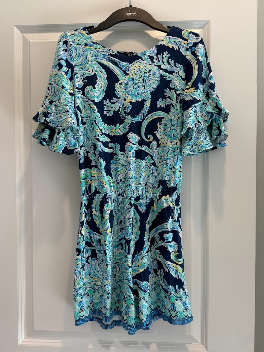 Lilly Pulitzer Navy Blue Floral Ruffle-Sleeve Romper